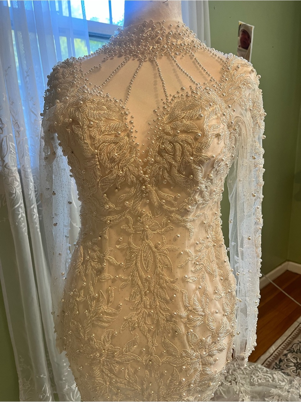 Embellished Ivory Beaded Lace Long-Sleeve Dress